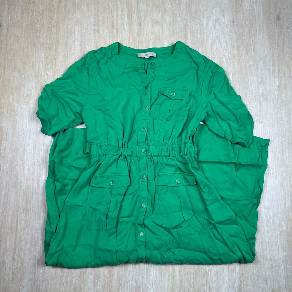 LOFT Green Utility Shirt Dress Button Front Roll Tab Midi Dress Pockets 8 Summer